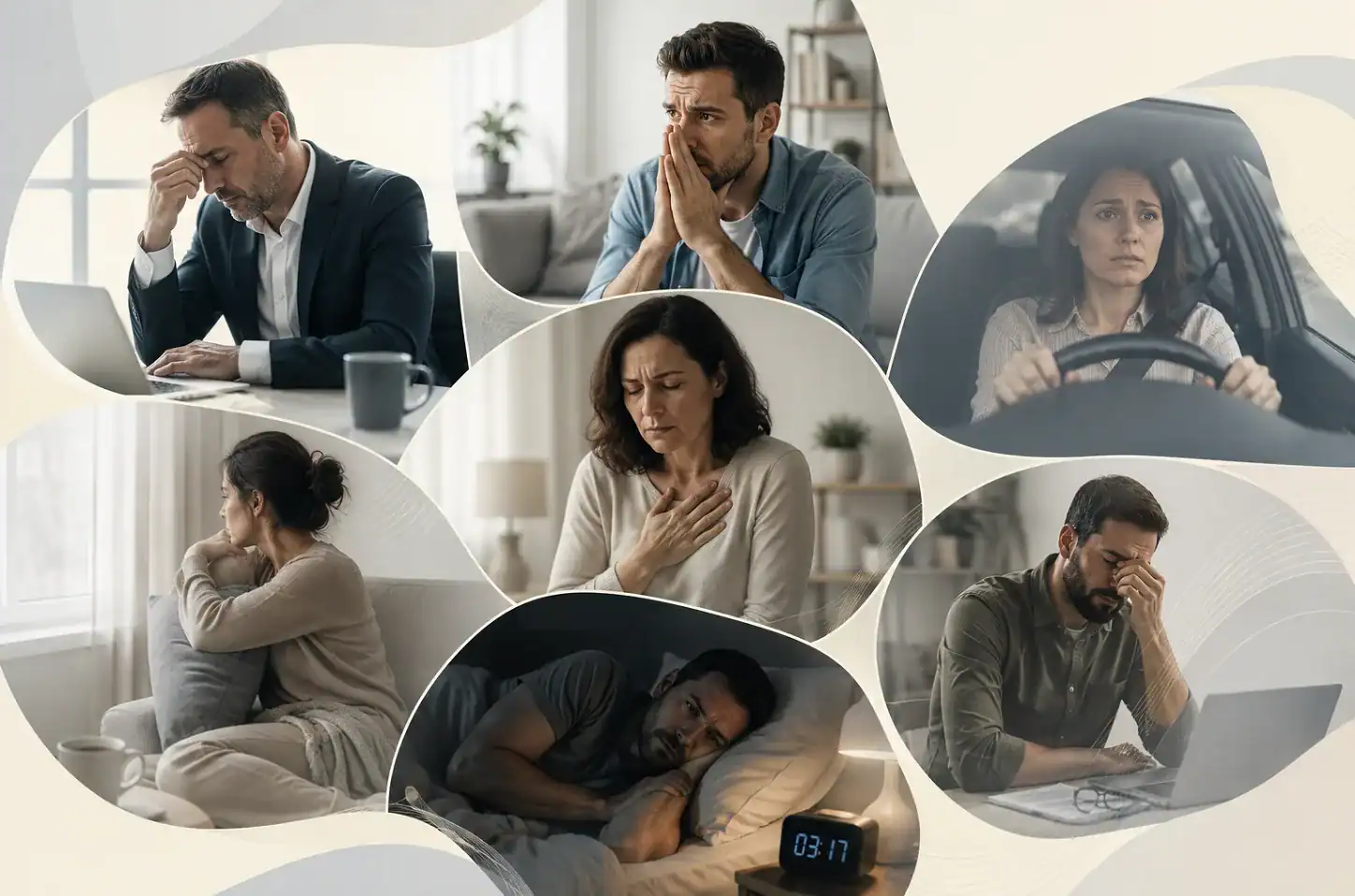קולאז' אנשים החווים חרדה בדרכים שונות - בעבודה, בנהיגה ובלילה