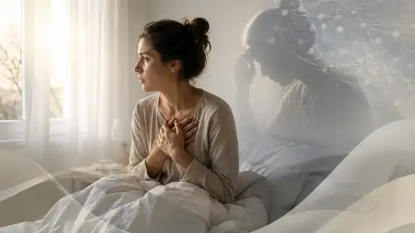 אישה יושבת במיטה עם יד על החזה - כשהגוף לא מצליח להירגע